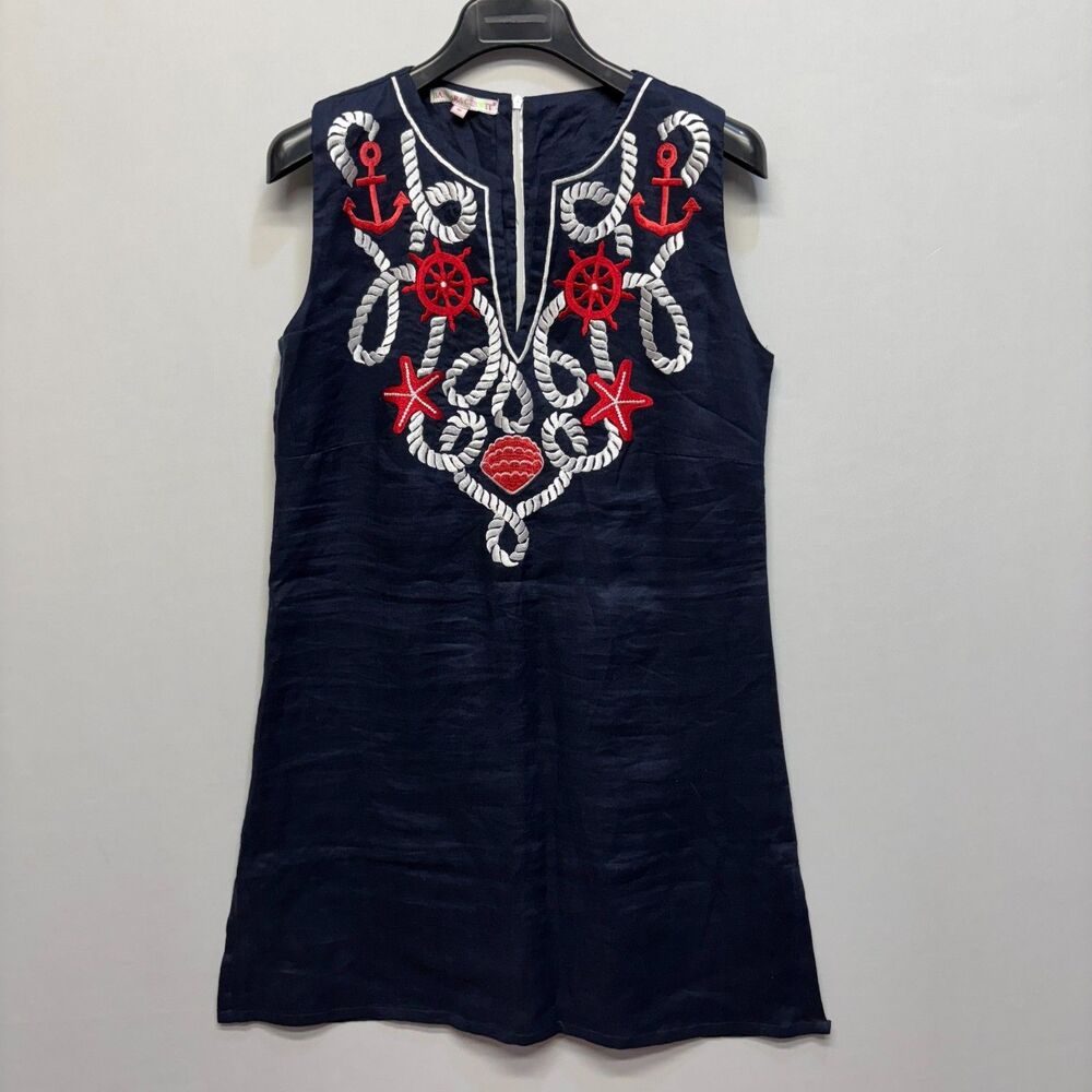 Barbara Gerwit 100% Linen Embroidered Dress Size Medium Boho Beach C076 -2
